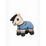 A plush white lemieux tiny pony dream horse toy with black mane hooves and a light blue blanket with dark trim