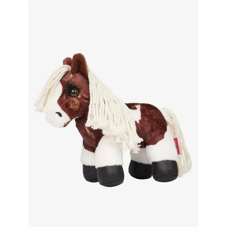 A lemieux tiny pony plush with brown and white spotted coat, fluffy white mane, black hooves, and shiny eyes