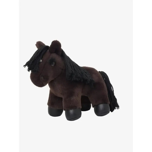 A plush brown lemieux tiny pony freya toy with black fringed mane and tail and shiny black hooves