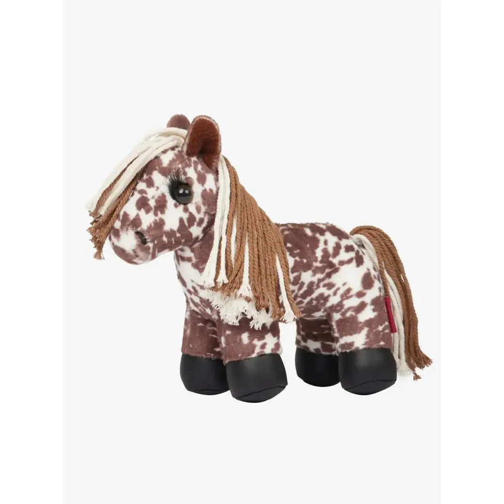 A lemieux tiny pony plush toy montana with brown white spots tan yarn mane black button eyes and solid black hooves