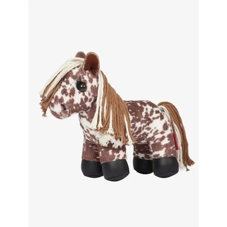 A lemieux tiny pony plush toy montana with brown white spots tan yarn mane black button eyes and solid black hooves