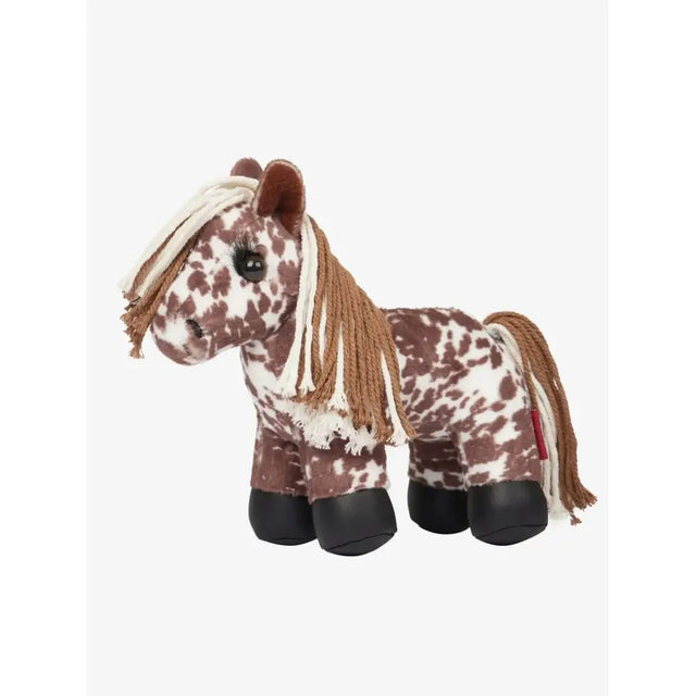 A lemieux tiny pony plush toy montana with brown white spots tan yarn mane black button eyes and solid black hooves
