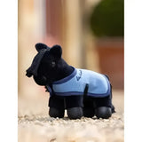 Black plush horse figurine wearing a light blue and navy vest lemieux tiny pony skye product display