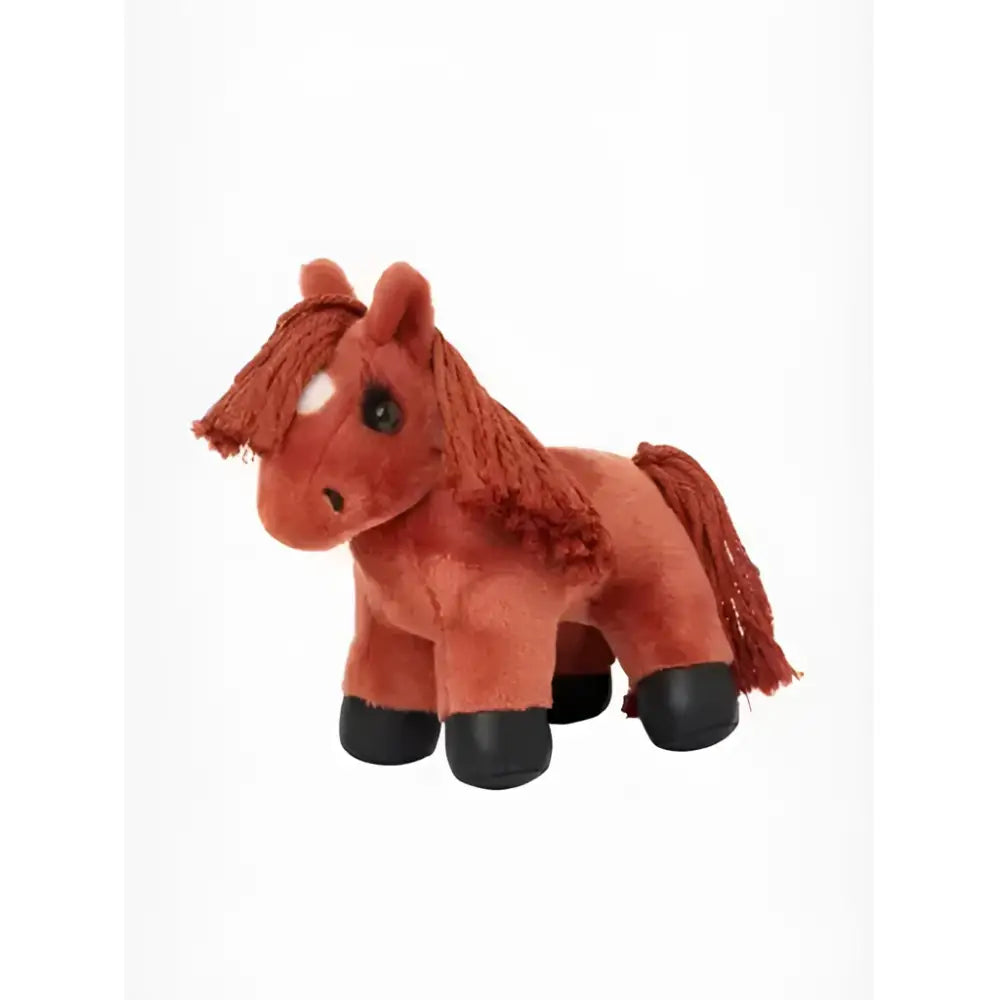 A plush brown lemieux tiny pony thomas toy with black hooves and a white face marking perfect for kids