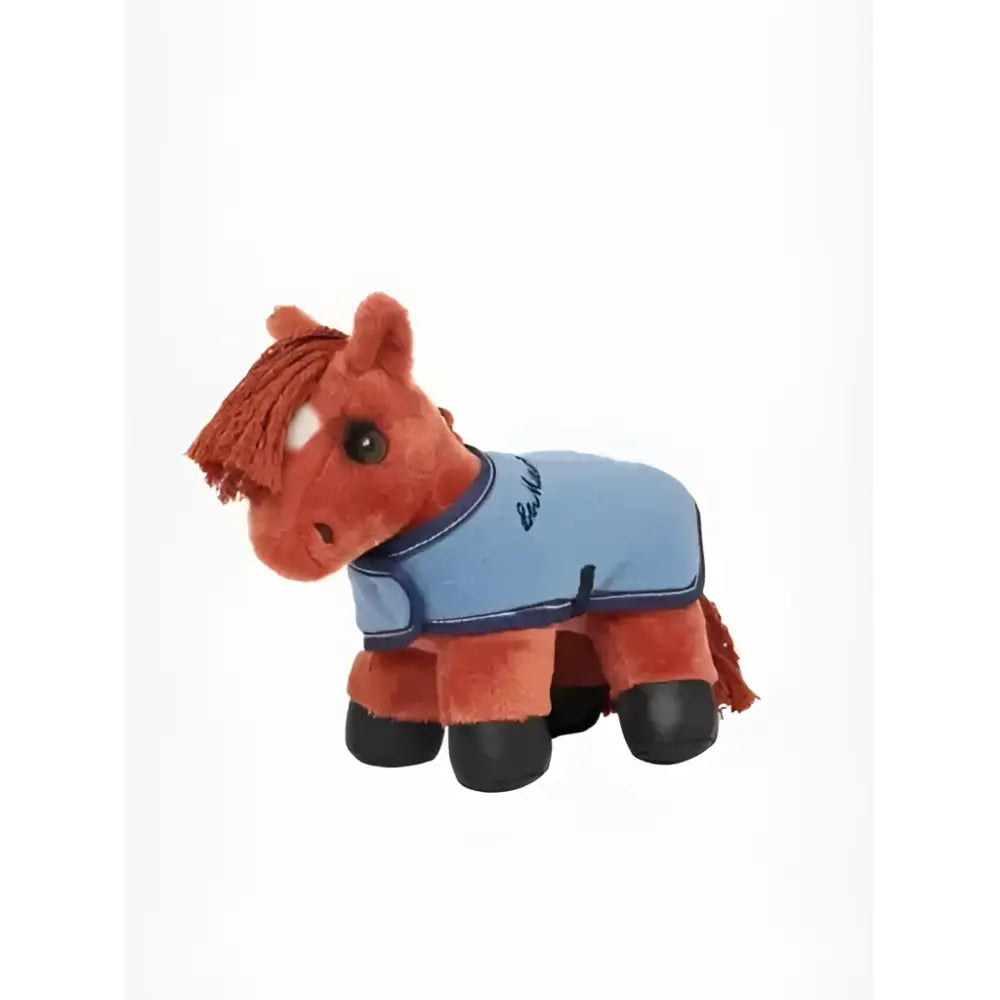 A plush brown lemieux tiny pony thomas toy wearing a light blue denim-style blanket with black hoof feet