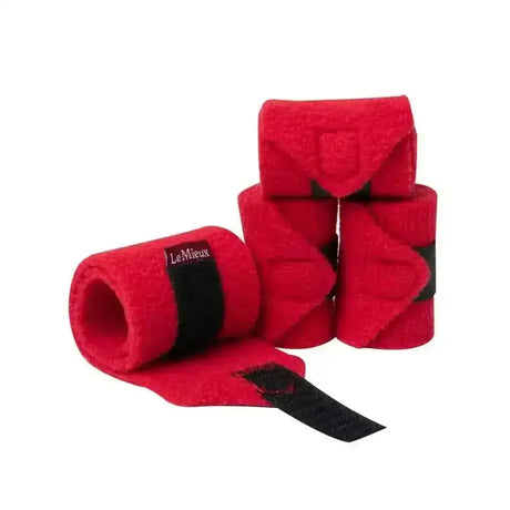 Red felt lemieux toy pony bandages chilli with black elastic bands and lemieux label for mini lemieux pony care