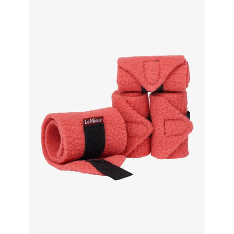 Set of four coral plush-felt lemieux toy pony bandages cranberry with black elastic straps and lemieux labels