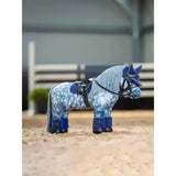 A blue and white lemieux toy pony figurine wearing pony bandages ink navy fleece luxury bandage with black saddle