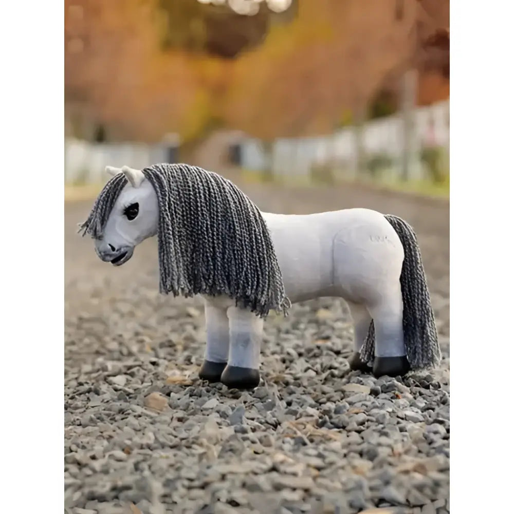 White plastic lemieux toy pony blanca with textured gray yarn mane and tail perfect for kids and collectors