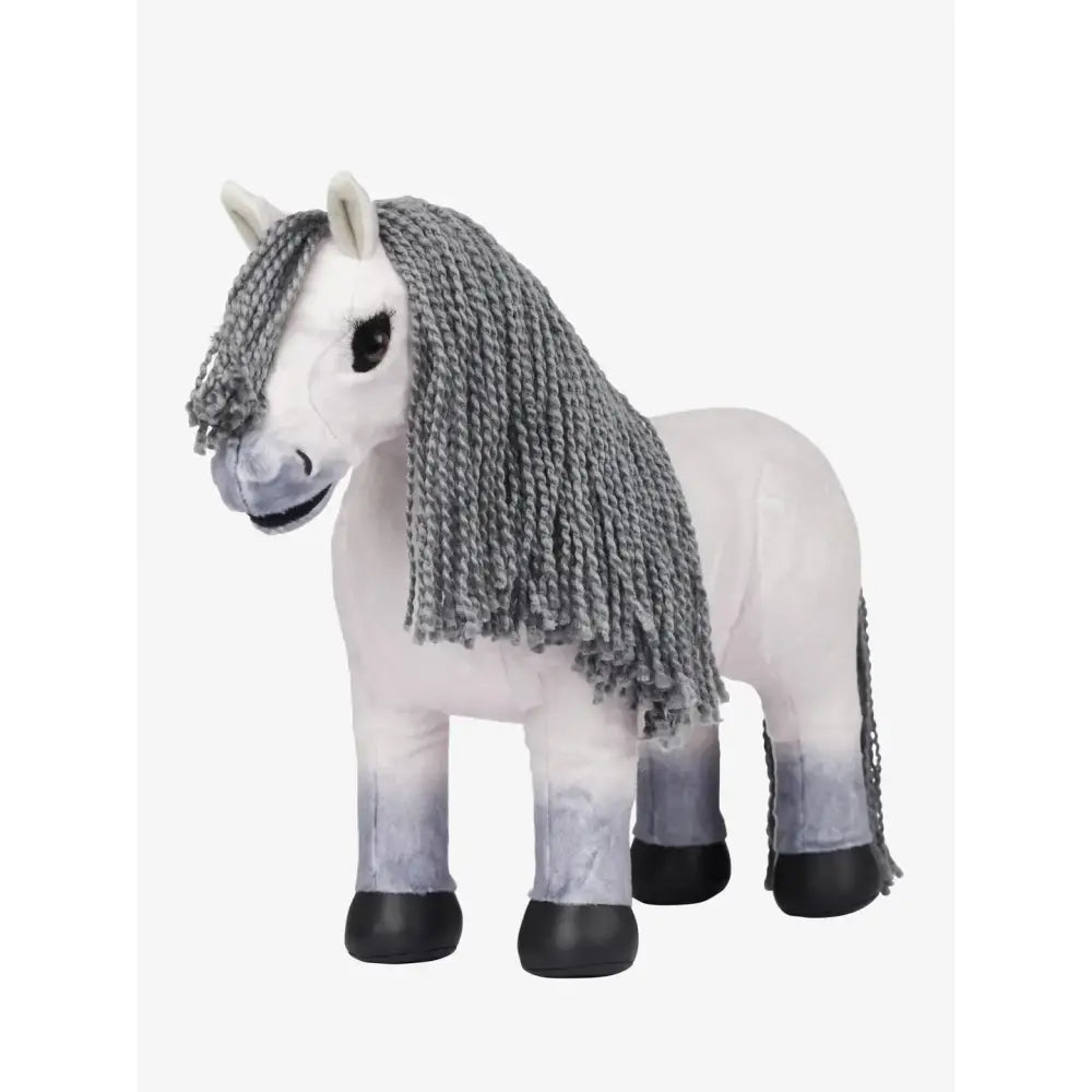 White plush lemieux toy pony blanca with textured gray knitted mane and black hooves perfect for kids play