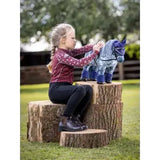 Blue patterned plush lemieux toy pony wearing a black pony bridle perfect for kids play and decor