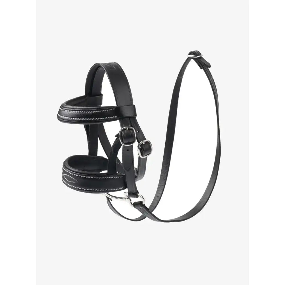 Black leather lemieux toy pony bridle with silver stitching and metal buckles in pony bridle black design