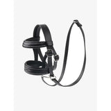 Black leather lemieux toy pony bridle with silver stitching and metal buckles in pony bridle black design