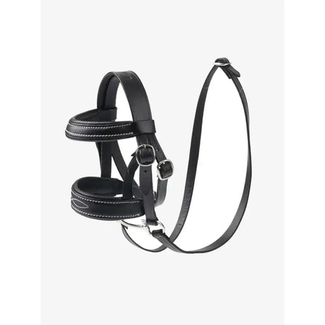 Black leather lemieux toy pony bridle with silver stitching and metal buckles in pony bridle black design