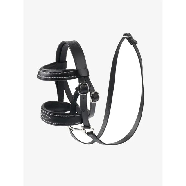 Black leather lemieux toy pony bridle with silver stitching and metal buckles in pony bridle black design