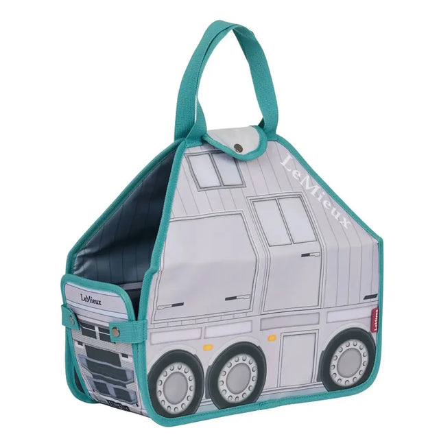 Teal and gray lemieux toy pony carry bag shaped like a horse trailer with reinforced handles for easy toy pony carry