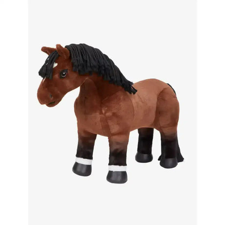 A plush lemieux toy pony chancer in brown with black mane white socks soft fabric racing thoroughbred style