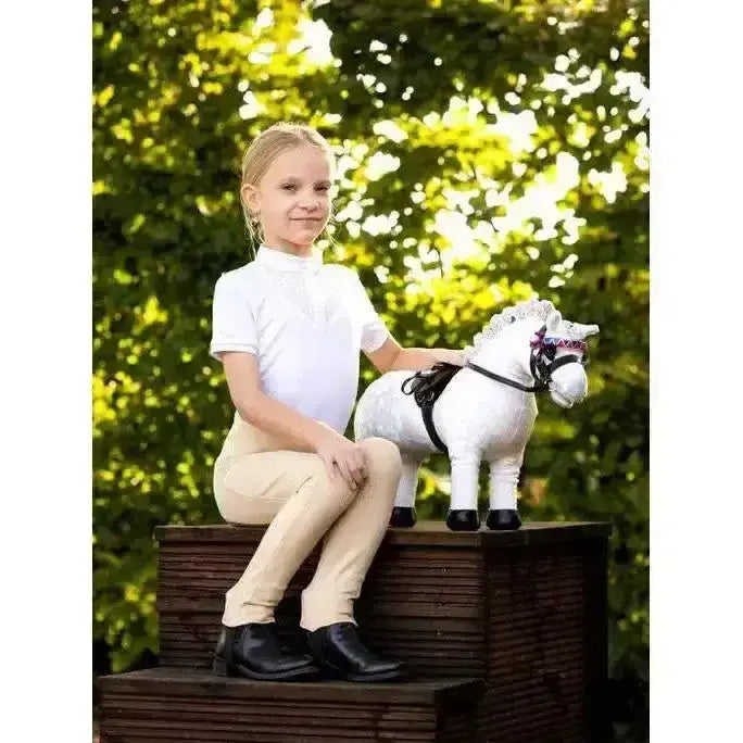 White plush lemieux toy pony with black harness and purple ribbon toy pony coco for kids and collectors