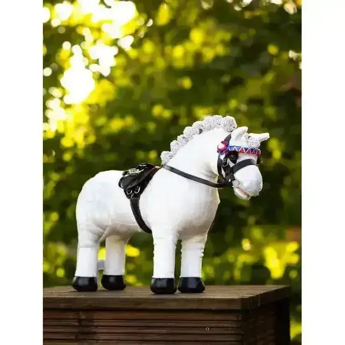 White plush lemieux toy pony coco show pony with black hooves sparkly silver mane and colorful headband