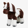 A plush lemieux toy pony dazzle in brown and white with a flowing mane and feathered hooves soft and cuddly