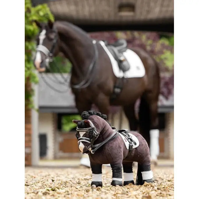 Plush LeMieux Toy Pony with Double Bridle Black and miniature riding gear displayed