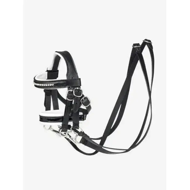 Black leather lemieux toy pony double bridle black with silver hardware and rhinestones on the browband