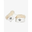 White leather lemieux toy pony dressage over reach boots with cream sheepskin lining and black logo in white
