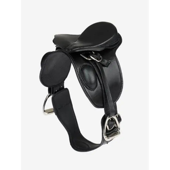 Black leather Lemieux Toy Pony Dressage Saddle with stirrups and girth strap