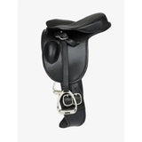 Black lemieux toy pony dressage saddle made of leather with silver stirrups and buckle perfect for ponies