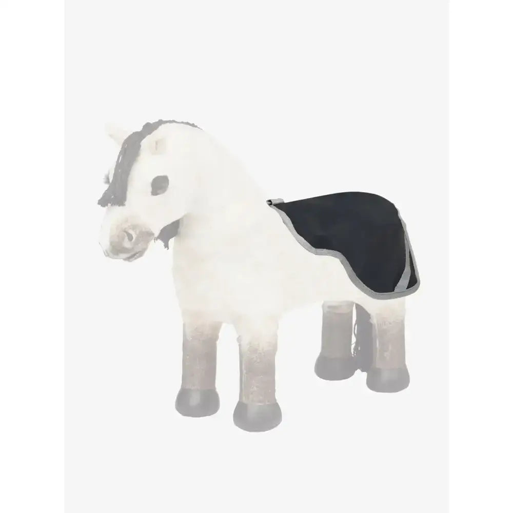 White plush lemieux toy pony with black mane tail and navy pony exercise sheet toy pony exercise gear