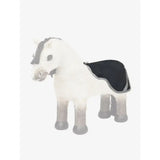 White plush lemieux toy pony with black mane tail and navy pony exercise sheet toy pony exercise gear