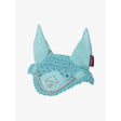 Light blue crocheted lemieux toy pony fly hood azure with soft fabric ears and silver rope trim