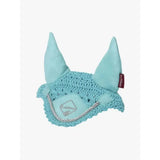 Light blue crocheted lemieux toy pony fly hood azure with soft fabric ears and silver rope trim
