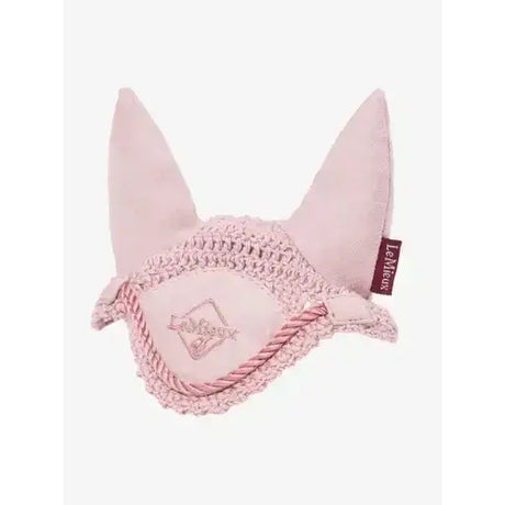 Pink crocheted lemieux toy pony fly hood blossom with braided trim and embroidered logo for ear protection