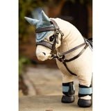 Stuffed toy horse in decorative bridle with boots from Lemieux Toy Pony Fly Hood Glacier