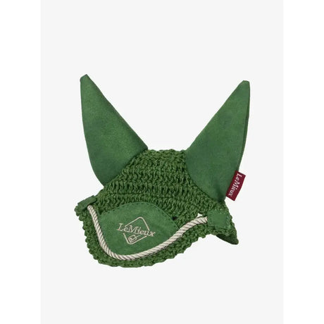 Lemieux toy pony green crocheted pony fly hood with suede ear flaps and white rope trim featuring lemieux logo