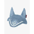 Blue suede and knitted lemieux toy pony fly hood ice with white rope trim in hood ice blue color