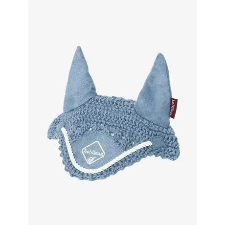 Blue suede and knitted lemieux toy pony fly hood ice with white rope trim in hood ice blue color
