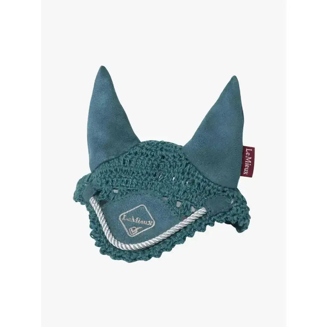 Teal suede and crocheted lemieux toy pony fly hood peacock with white rope trim for pony ear protection