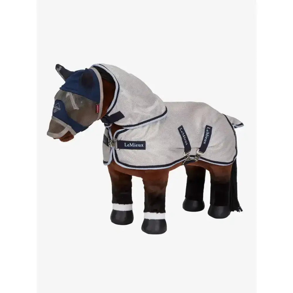Lemieux toy pony fly rug navy in light gray with navy trim and mesh face mask for pony protection