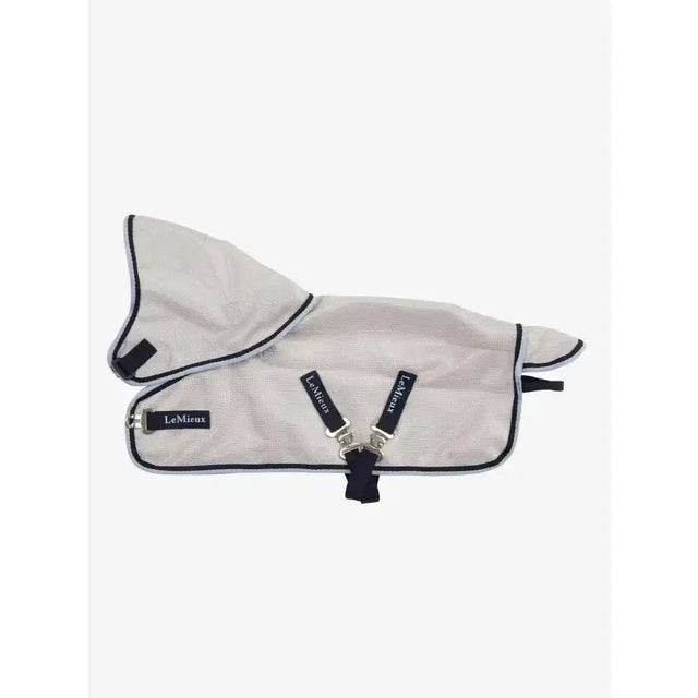 Light gray mesh lemieux toy pony fly rug with black trim and adjustable straps in fly rug navy style