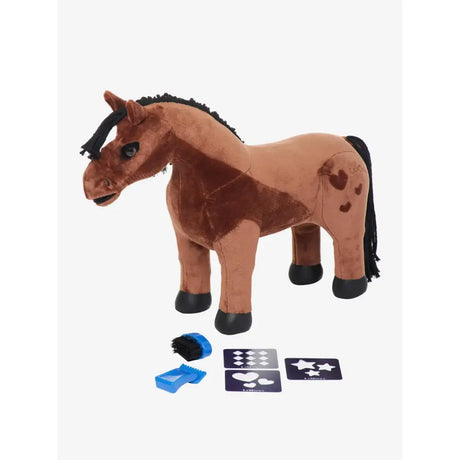 Brown plush lemieux toy pony gracie with black mane tail and heart-shaped spots on its side