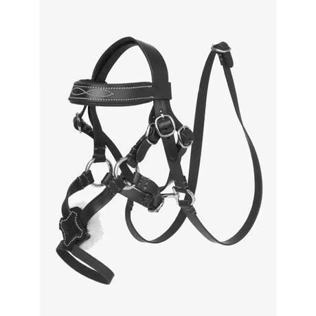 Black leather lemieux toy pony grackle bridle black with silver hardware and decorative stitching