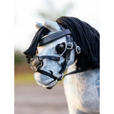 A lemieux toy pony wooden rocking horse with white gray pattern and black leather grackle bridle black and silver hardware