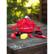 Red lemieux toy pony grooming kit chilli bag with white embroidery holding red and yellow pony grooming tools on wood