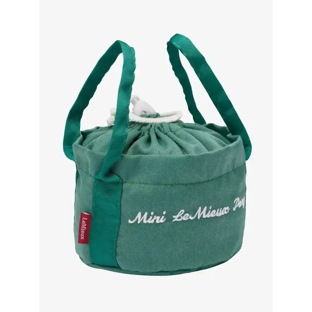 Emerald green corduroy mini tote bag with white embroidered text and handles from lemieux toy pony grooming kit sage