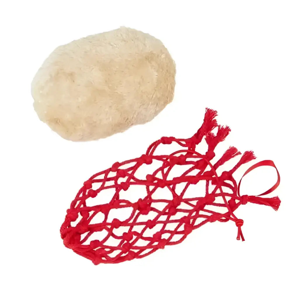 Beige fuzzy loofah with red macrame net bag beside lemieux toy pony haynet ember for easy feed use