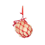 A lemieux toy pony haynet ember with a soft off-white plush egg inside a red mesh net with an orange handle