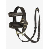 Black leather lemieux toy pony hunter bridle with white stitching and gold hardware for toy pony hunter use