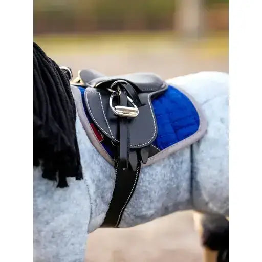 Blue and black leather lemieux toy pony saddle with silver hardware for pony jump pad benetton blue use